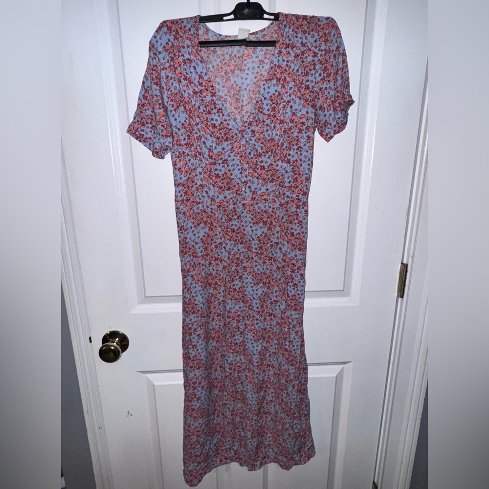 H&M Red and Blue Floral Midi Dress- Size 4